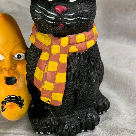 Vintage Black Cat  Ceramic Candle Holder  Figurine with Orange/Yellow Accents - Picture 4 of 16